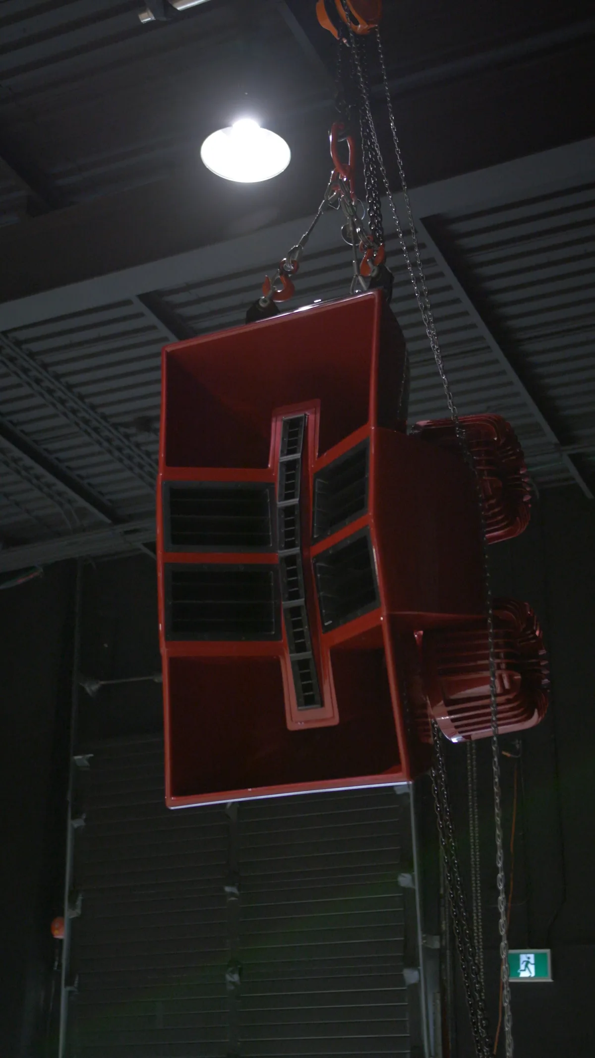 A VOID sound system enclosure rigged from the ceiling at Demo Room